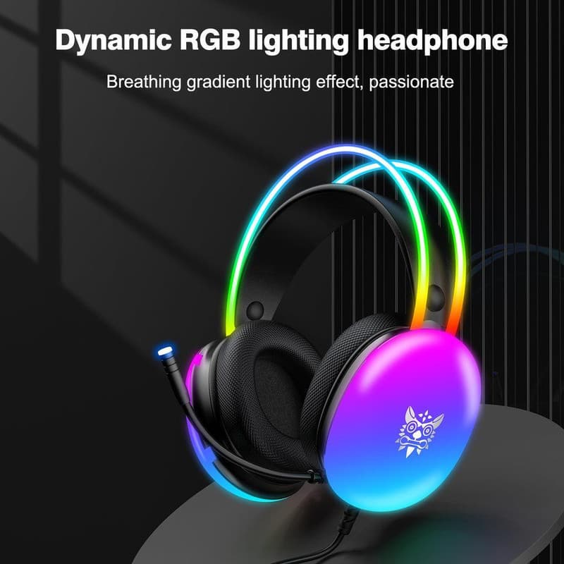 هدست گیمینگ اونیکوما مدل X25 RGB با نویز کنسلینگ میکروفون (ENC)، بدون قابلیت شارژ، اتصال از طریق جک 3.5 میلی متری صدا، دارای دکمه قطع و وصل میکروفون و دکمه کنترل صدا، طراحی ارگونومیک و بالشتک‌های نرم  — تصویر ۵