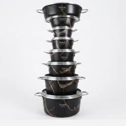 سرویس قابلمه و ماهیتابه گرانیتی طرح سنگ 14پارچه هلنا دسته فلزی طلایی — تصویر ۳