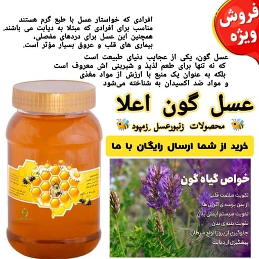 عسل گون طبیعی خالص 1 کیلویی(مستقیم از زنبوردار)ارسال رایگان