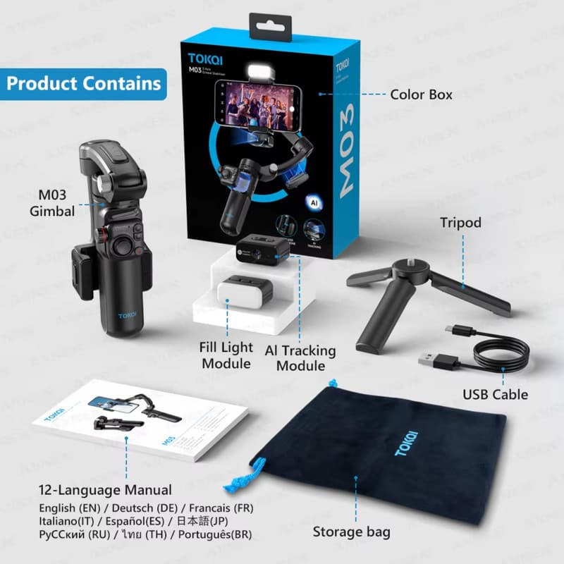 گیمبال و استابیلایزر هوشمند توکی مدل M03 AI 3-Axis به همراه دوربین دنبال کننده و میکروفون و فلش — تصویر ۴