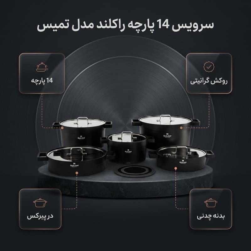 سرویس قابلمه و تابه گرانیتی 14 پارچه راکلند مدل تمیس کد 80001201 — تصویر ۲