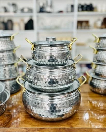 سرویس قابلمه چکشی روحی با درب آلومینیومی دسته طلایی (3قابلمه) 6پارچه -قسطی+ارسال رایگان