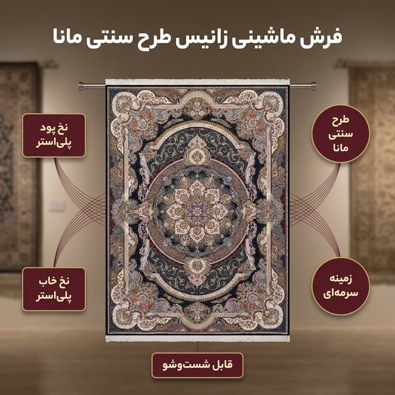 فرش ماشینی زانیس مدل فانتزی طرح سنتی مانا زمینه سرمه ای — تصویر ۲