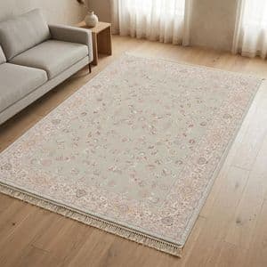 فرش ماشینی 1500 شانه زمینه سبز حاشیه کرم مدل خاطره کویر کاشان سلطنتی