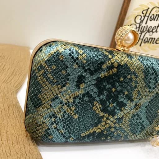 کیف زنانه چرم مجلسی پوست ماری سبز طلایی(دستساز)