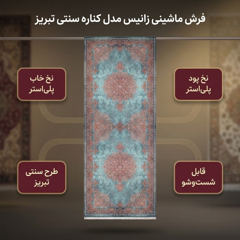 فرش ماشینی زانیس مدل کناره سنتی طرح تبریز زمینه فیروزه ای — تصویر ۲
