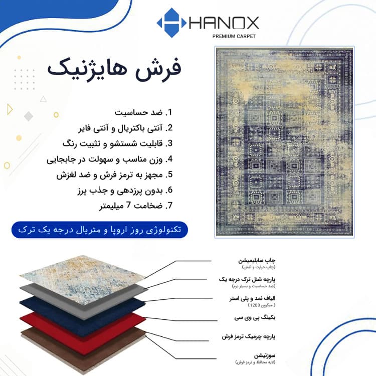 فرش ماشینی 1000 شانه هانوکس زمینه سرمهای حاشیه چند رنگ مدل مدرن کد HAM.973.3 — تصویر ۲