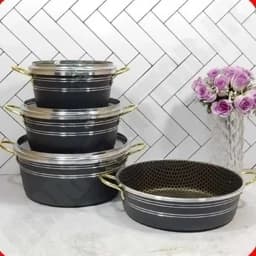 سرویس قابلمه رنگ مشکی خط دار دسته طلایی سایز بزرگ مناسب پخت یک تا ده نفر شامل سه تا قابلمه به سایز 20و24و28وتابه 28 — تصویر ۳