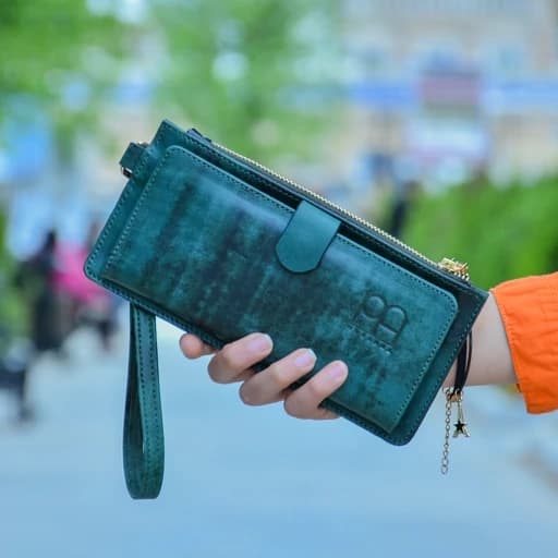 کیف پول زنانه چرم طبیعی کیف گوشی چرم طبیعی کیف مدارکی زنانه سبز افکتی