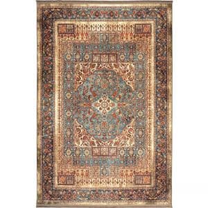 فرش ماشینی 1200 شانه زمینه کرم خاکی حاشیه سبز طرح هلنا کد25NH0010