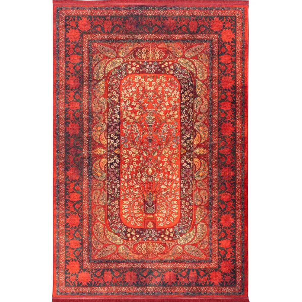 فرش ماشینی 1200 شانه محتشم زمینه قرمز حاشیه قرمز مدل 25NH0060 هلنا لاکی — تصویر ۲