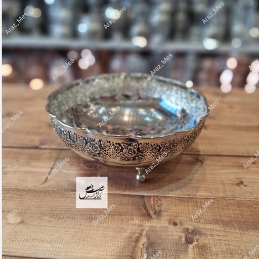 آجیل خوری مسی گلبرگ سه پایه کروم طرح ریزگل رز گل 3 پایه نقره ای زنجان