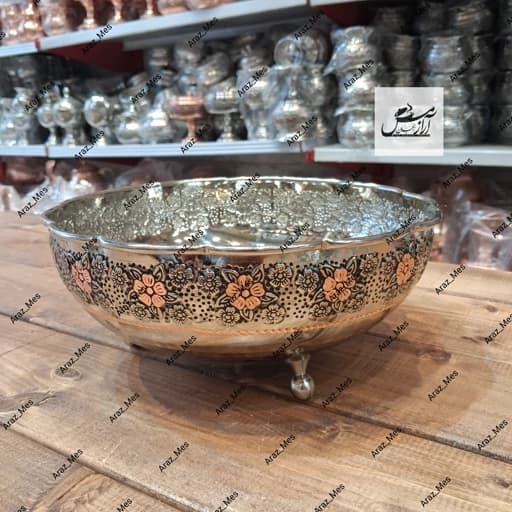 آجیل خوری مسی گلبرگ سه پایه کروم الماس تراش طرح ریزگل رز گل 3 پایه دورنگ نقره ای نانو زنجان