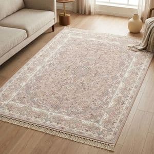 فرش ماشینی 1500 شانه زمینه کرم - قهوه‌ای حاشیه کرم مدل خاطره کویر کاشان تبریز — تصویر ۲