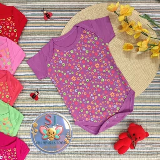 لباس بچگانه بادی آستین دار پنبه ای یقه برگردون زیردکمه دار گلهای بهاری نوزادی دخترونه پسرونه لباس کودک