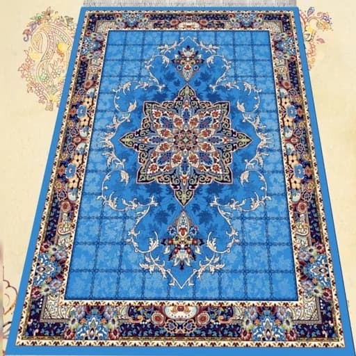 گلیم فرش ماشینی کاشان طرح هیوا آبی سایز 6متری(2 در 3)