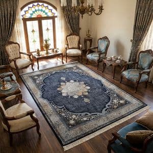 فرش ماشینی 700 شانه افرند زمینه و حاشیه سرمه ای کد 7785
