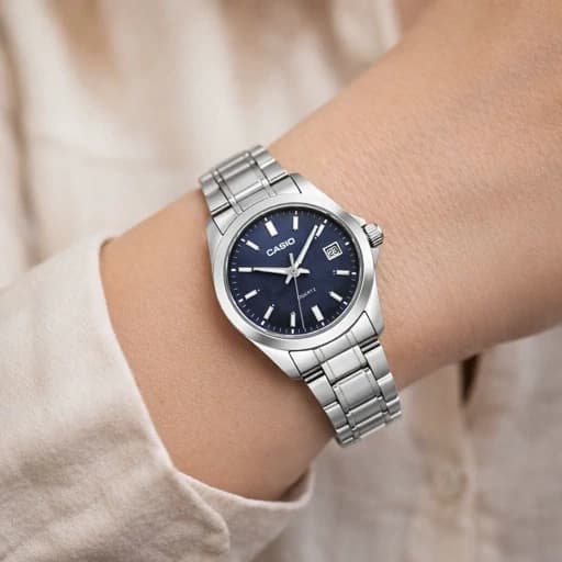 ساعت مچی زنانه کاسیو CASIO موتور ژاپن نقره ای سرمه ای کد 460+جعبه