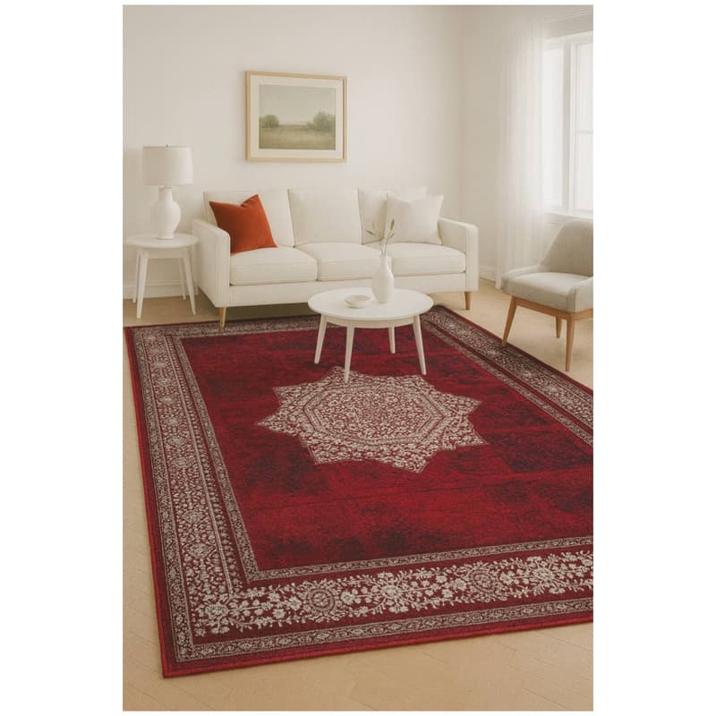 فرش ماشینی 1200 شانه زمینه لاکی حاشیه کرم مدل گیتی لاکی 1200 شانه تراکم 3600 — تصویر ۳