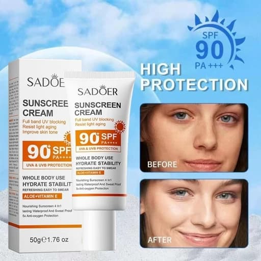 کرم ضد آفتاب بدون رنگ صورت و بدن سادور SPF 90 مدل آلوئه ورا و ویتامین E محافظ UVA ،UVB و PA مناسب برای انواع پوست — تصویر ۵