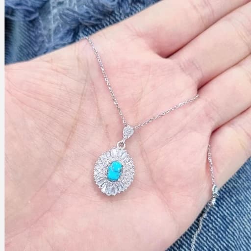 گردنبند نقره زنانه فیروزه اصل نیشابور باعیار 925و آبکاری طلا سفید — تصویر ۴