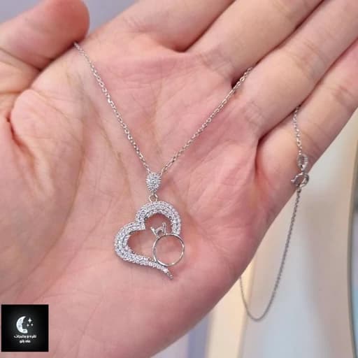گردنبند نقره زنانه طرح قلب و انگشتر با عیار 925 و آبکاری طلا سفید