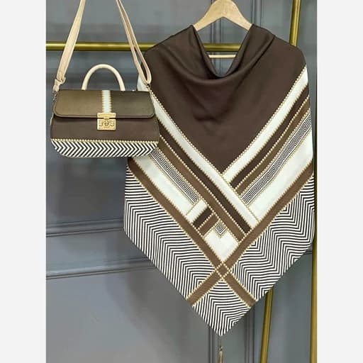 ست کیف و روسری قهوه ای ست کیف و شال روسری نخی قهوه ای طرح ورساچه تیبا mo8007