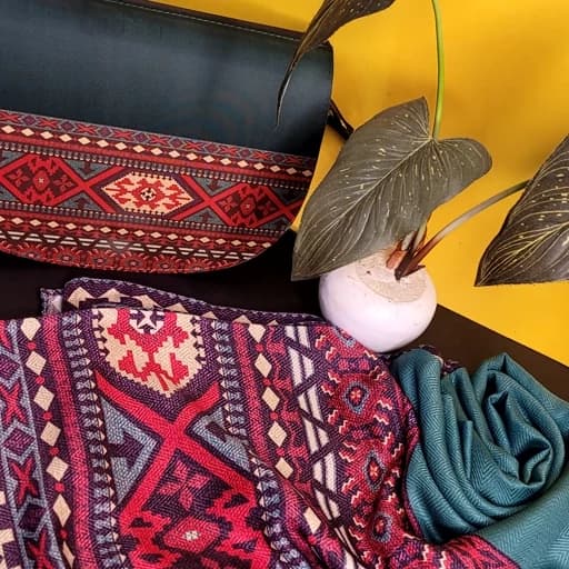 ست کیف و شال( روسری) با طرح گلیم، طراحی و تولید انحصاری گالری ماهور