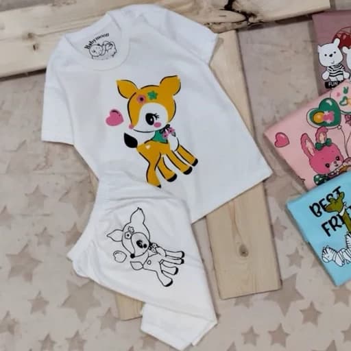 تیشرت شلوارک سفید طرح آهو سایز 1 و 2 ، لباس نوزادی، لباس کودک، تیسرت شلوارک دخترانه رشت،کودکسرای وانیا