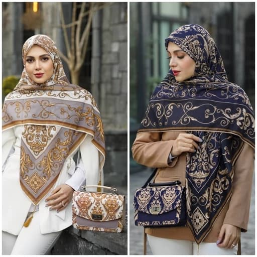 ست کیف و روسری (شال) طرح الیزابت برند مونتلا در شش رنگ جنس روسری نخی قواره 130 کیف ترکیبی مخمل و چرم صنعتی — تصویر ۲