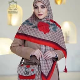 ست کیف و روسری زنانه ست کیف و شال زنانه روسری نخی زنانه طرح گوچی گل قرمز mo730 — تصویر ۳
