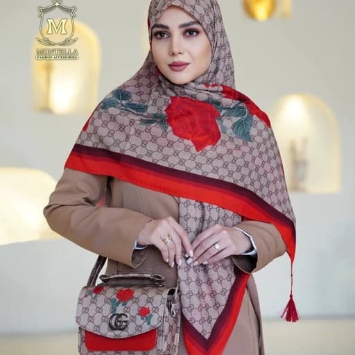 ست کیف و روسری زنانه ست کیف و شال زنانه روسری نخی زنانه طرح گوچی گل قرمز mo730