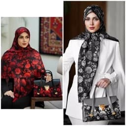 ست کیف و روسری (شال) طرح گل سنتی طوسی و قرمز روسری نخی قواره دار ) — تصویر ۳