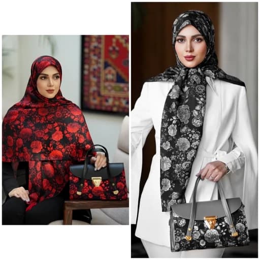 ست کیف و روسری (شال) طرح گل سنتی طوسی و قرمز روسری نخی قواره دار )
