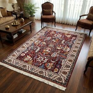 فرش ماشینی 500 شانه زمینه قرمز لاکی حاشیه کرم مدل سلطان آباد کد 3023050
