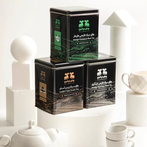 چای دو قوچ پک فلزی سه عددی (شکسته زرین ،ارل گری،رایحه و طعم هل ) به همراه استکان دوقوچ - 450گرم