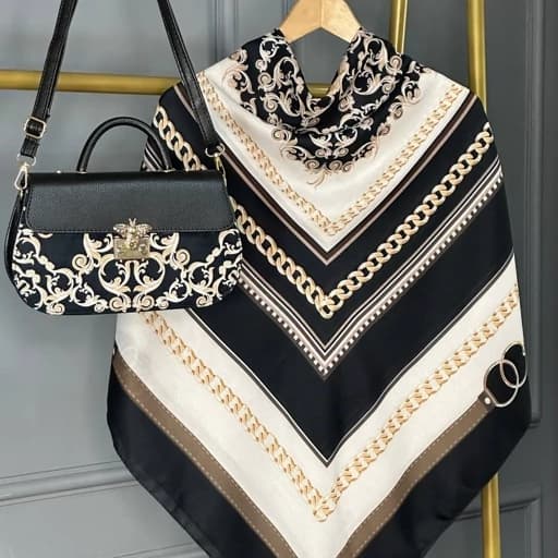 ست کیف و روسری (شال) طرح گالریا مشکی سری جدید روسری نخی قواره بزرگ قواره 130 — تصویر ۲