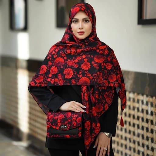 ست کیف و روسری (شال) طرح گل سنتی قرمز برند مونتلا روسری نخی قواره 130