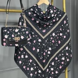 ست کیف و روسری رنگ مشکی گلدار طرح گلسار ست کیف و شال مشکی روسری نخی مشکی گل ریز mo1119 — تصویر ۳