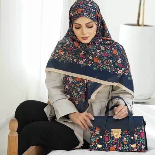 ست کیف و روسری سرمه ای ست کیف و شال گلدار روسری نخی گل ریز mo1041