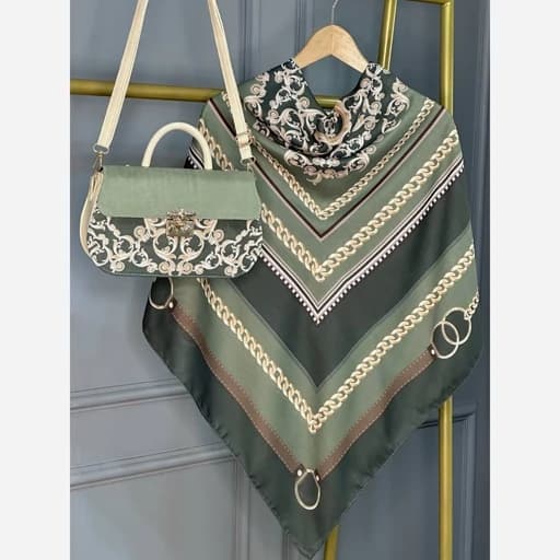 ست کیف و روسری رنگ زیتونی ست کیف و شال رنگ زیتونی روسری نخی زیتونی طرحدار mo1270