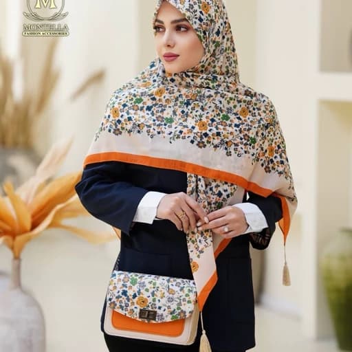 ست کیف و روسری (شال) گلدار کرم نارنجی با کیف پاسپورتی و روسری نخی قواره 130 یا شال نخی نارنجی گلدار — تصویر ۲