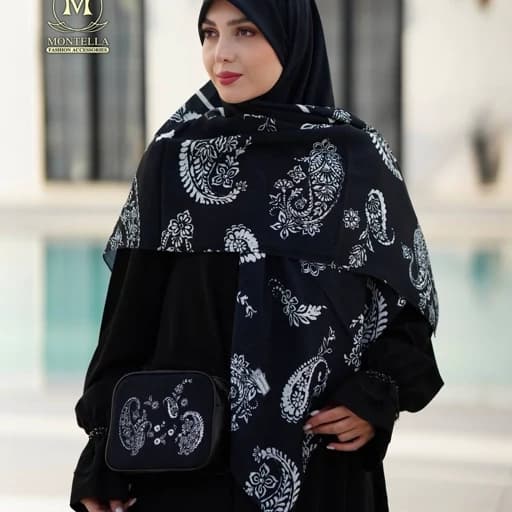ست کیف و روسری(شال) طرح بته جقه با کیف پاسپورتی مشکی و روسری نخی قواره 130 یا شال نخی مشکی