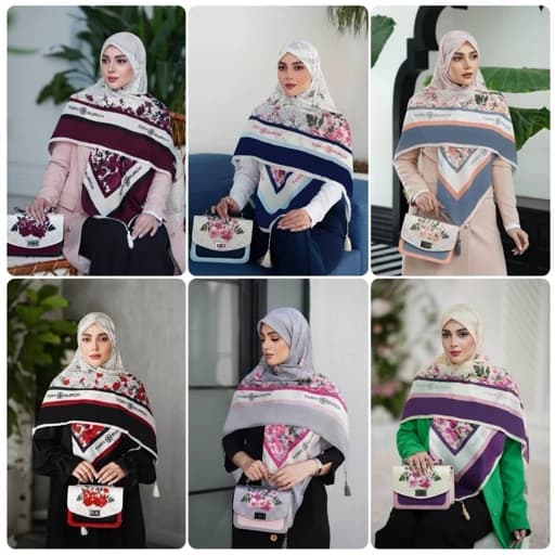 ست کیف و روسری (شال) طرح توری برچ در 6 رنگ جذاب زرشکی قرمز طوسی خردلی بنفش سرمه ای — تصویر ۲
