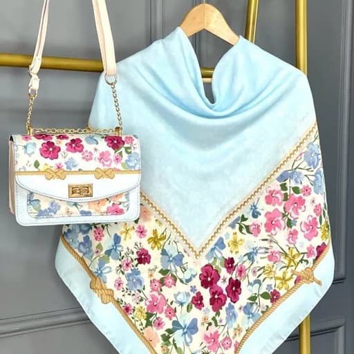 ست کیف و روسری رنگ آبی ست کیف و شال رنگ آبی روسری نخی رنگ آبی گلدار mo1108 — تصویر ۲