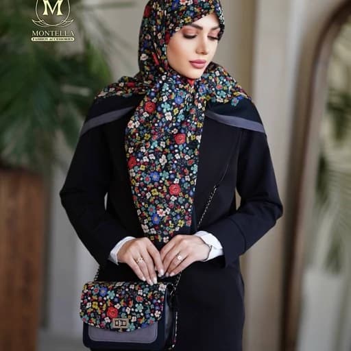 کیف و روسری طرح گل ریز مشکی کیف و شال طرح گلدار روسری نخی منگوله دار mo732 — تصویر ۲