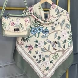 ست کیف و روسری طرح گلاره زیتونی ست کیف و شال گلدار روسری نخی گلدار سبز mo1306 — تصویر ۳
