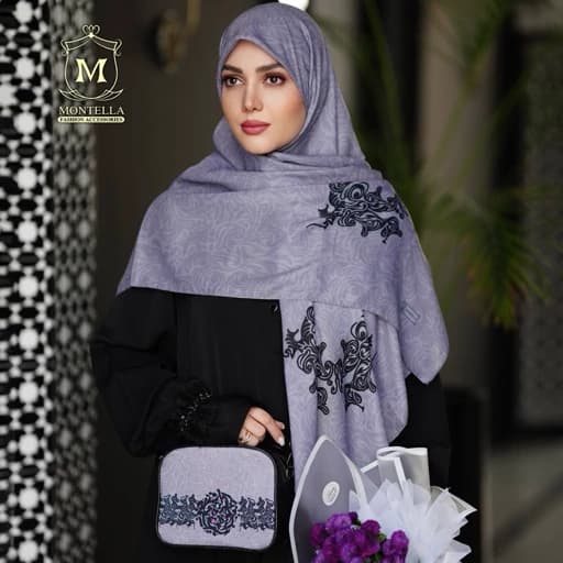 ست کیف و روسری (شال) سنتی طوسی با کیف پاسپورتی طوسی و روسری نخی قواره 130 یا شال نخی طوسی