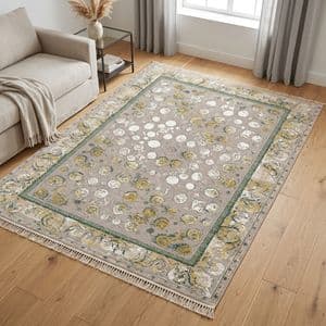 فرش ماشینی 1200 شانه زمینه کرم حاشیه کرم مدل خاطره کویر کاشان 1015