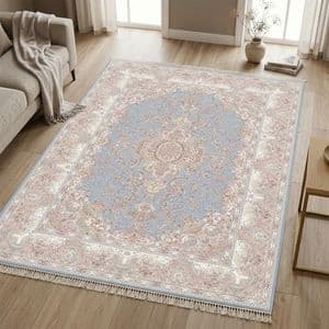 فرش ماشینی 1500 شانه زمینه آبی حاشیه کرم مدل خاطره کویر کاشان تبریز